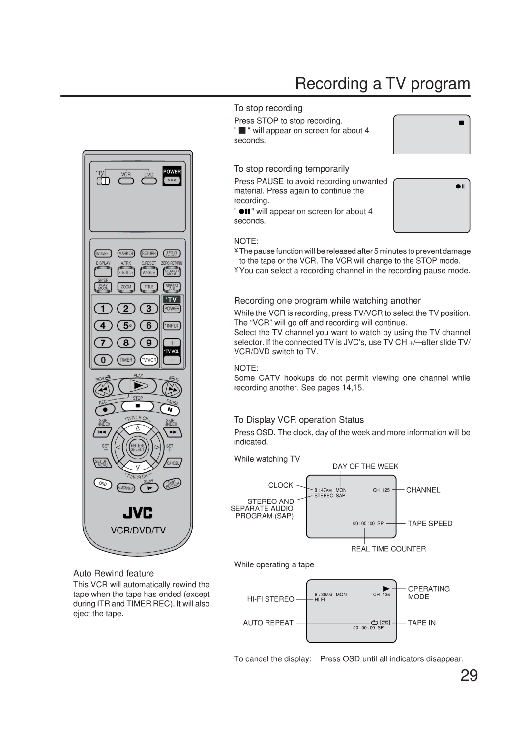 JVC HR-XVC1U manual Recording a TV program 