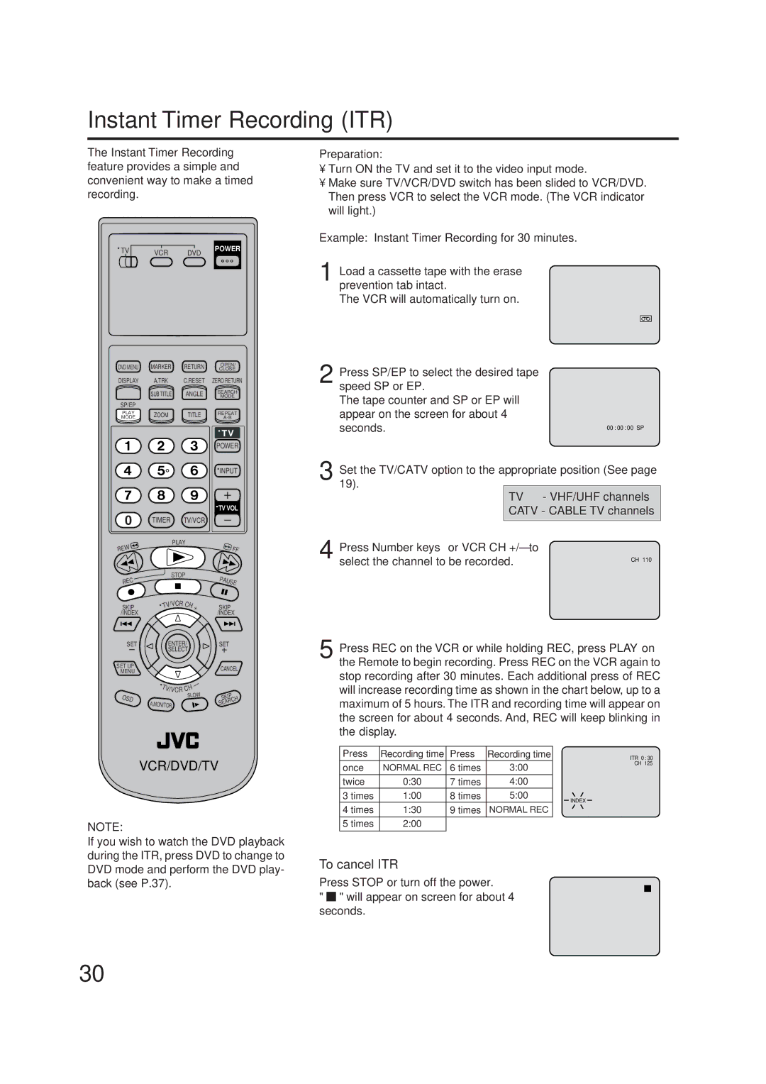 JVC HR-XVC1U manual Instant Timer Recording ITR, To cancel ITR, Press Number keys or VCR CH +/-to 