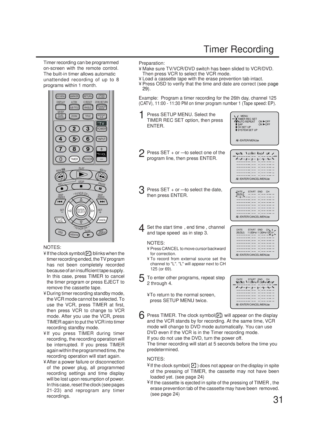 JVC HR-XVC1U manual Timer Recording, To enter other programs, repeat step, Through 