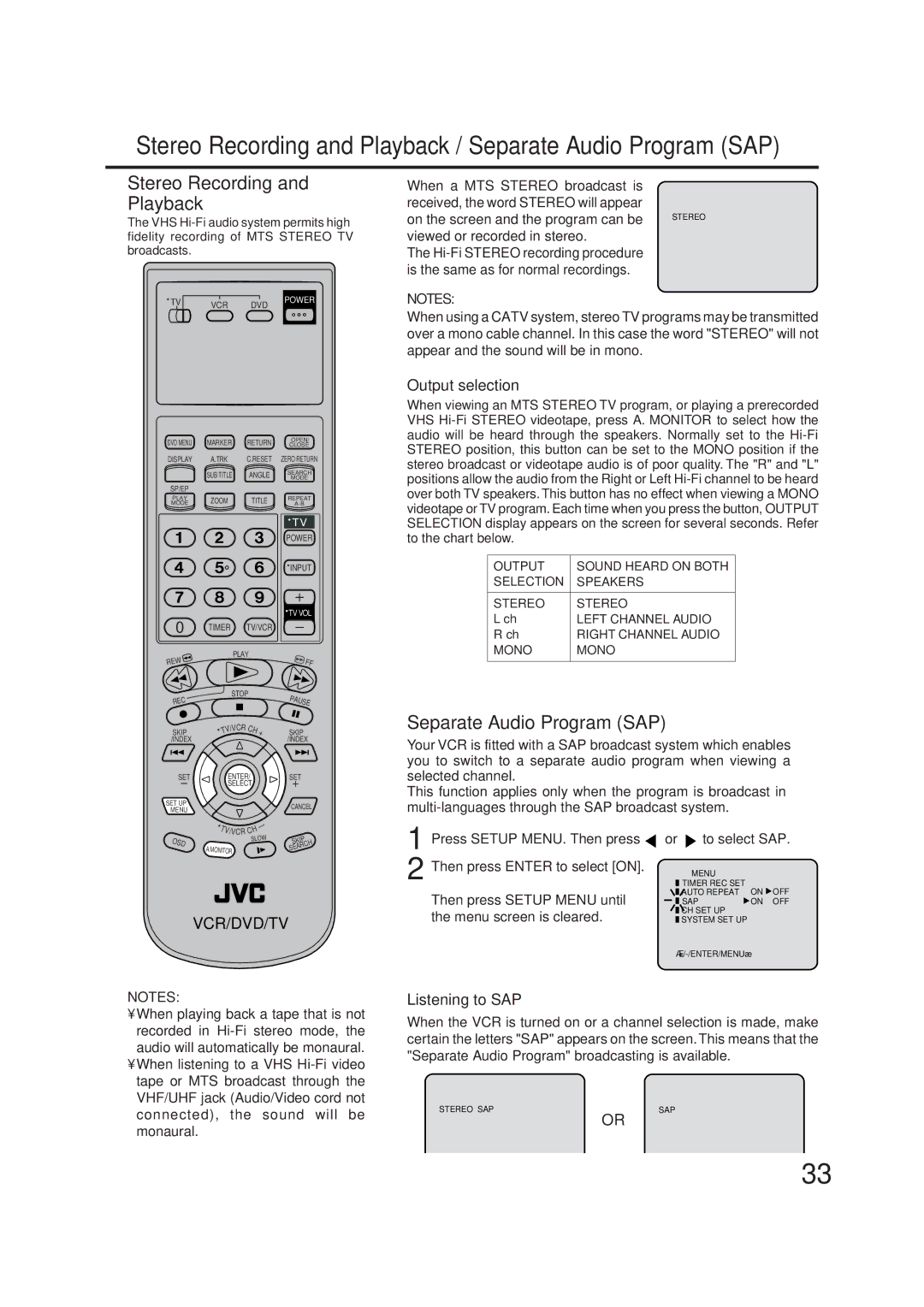 JVC HR-XVC1U manual Stereo Recording and Playback, Separate Audio Program SAP, Output selection, Listening to SAP 