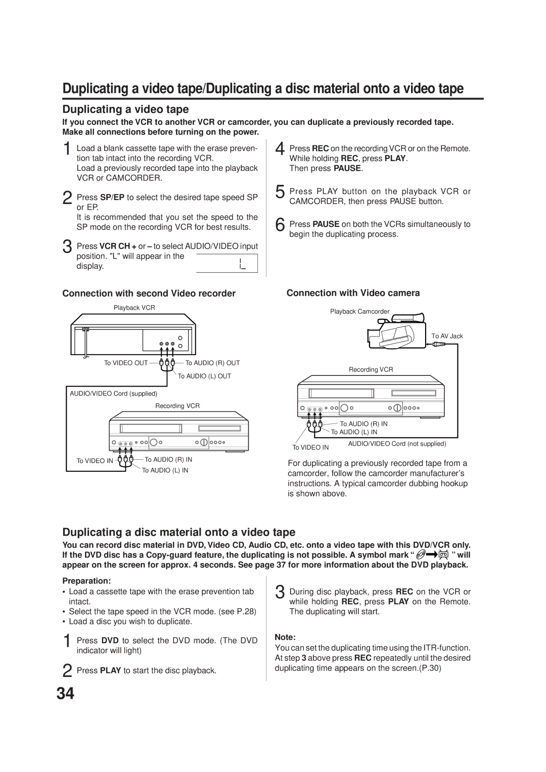 JVC HR-XVC1U manual Duplicating a video tape, Duplicating a disc material onto a video tape, Connection with Video camera 