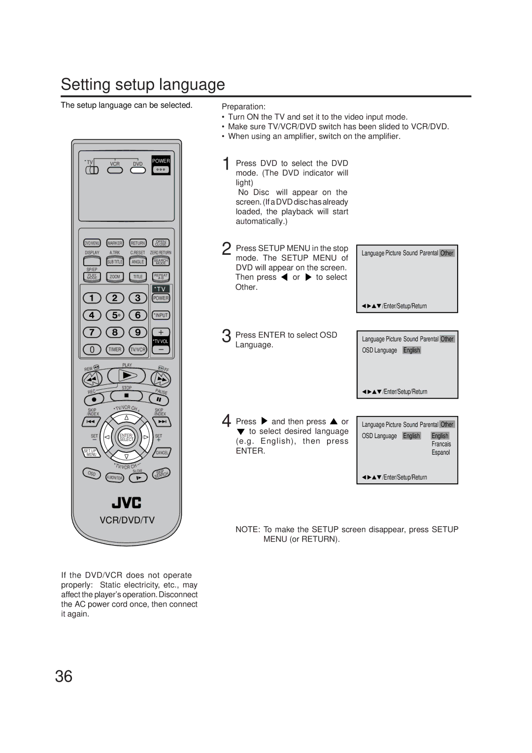 JVC HR-XVC1U manual Setting setup language, Setup language can be selected Preparation 