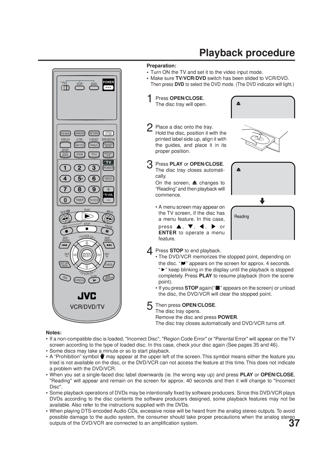 JVC HR-XVC1U manual Playback procedure, Press OPEN/CLOSE 