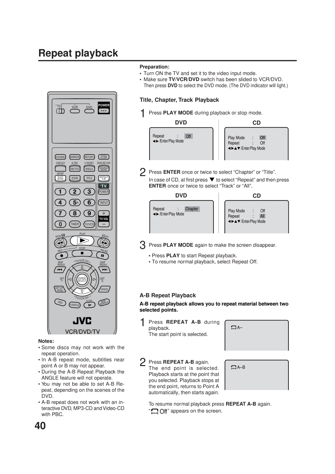 JVC HR-XVC1U manual Repeat playback, Title, Chapter, Track Playback, Press Play Mode during playback or stop mode 