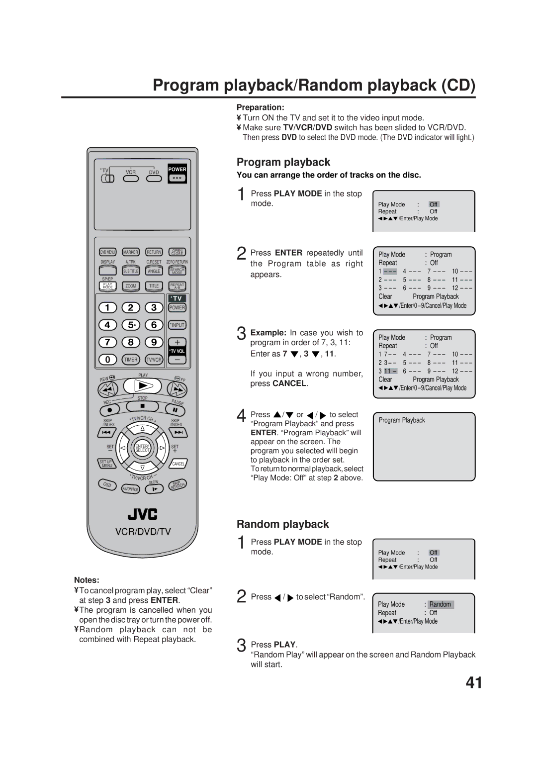 JVC HR-XVC1U manual Program playback/Random playback CD, You can arrange the order of tracks on the disc 