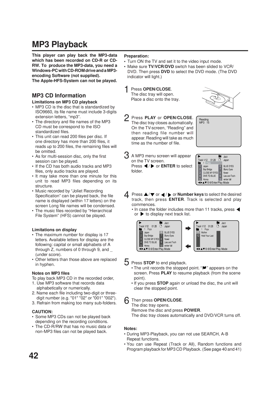 JVC HR-XVC1U manual MP3 Playback, MP3 CD Information, Limitations on MP3 CD playback, Limitations on display 