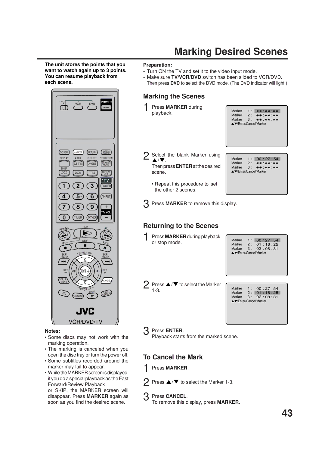 JVC HR-XVC1U manual Marking Desired Scenes, Marking the Scenes, Returning to the Scenes, To Cancel the Mark 