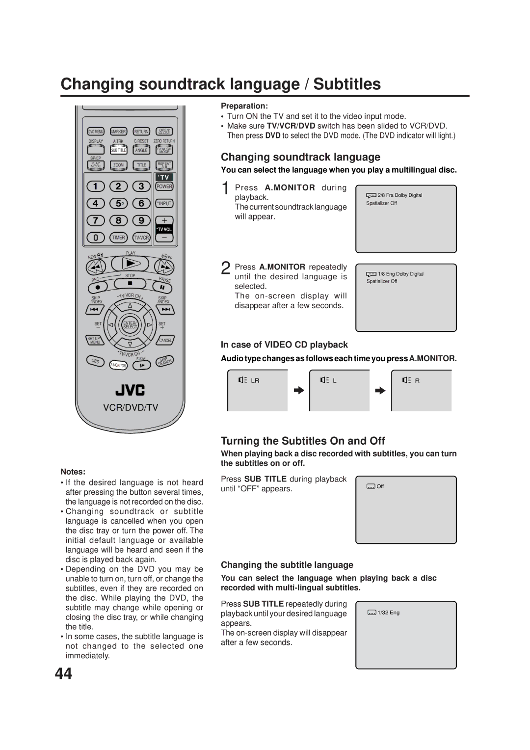 JVC HR-XVC1U manual Changing soundtrack language / Subtitles, Turning the Subtitles On and Off, Case of Video CD playback 