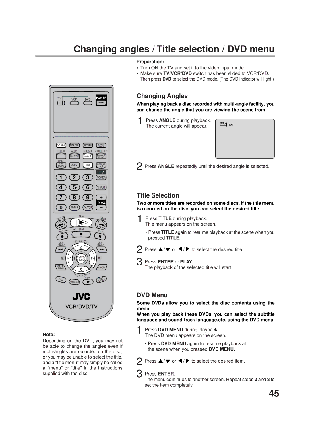 JVC HR-XVC1U manual Changing angles / Title selection / DVD menu, Changing Angles, Title Selection, DVD Menu 