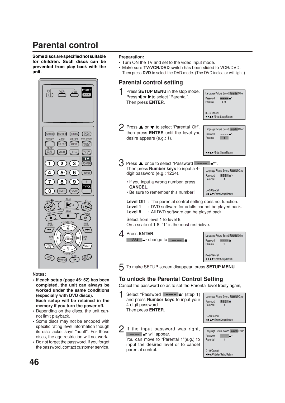 JVC HR-XVC1U manual Parental control setting, To unlock the Parental Control Setting, Cancel 