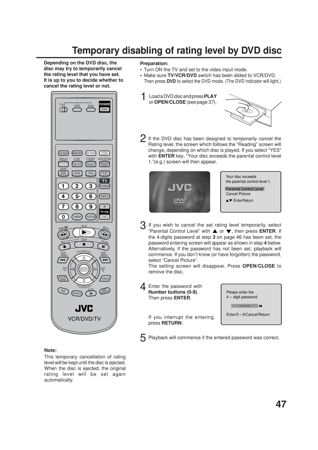 JVC HR-XVC1U manual Temporary disabling of rating level by DVD disc 