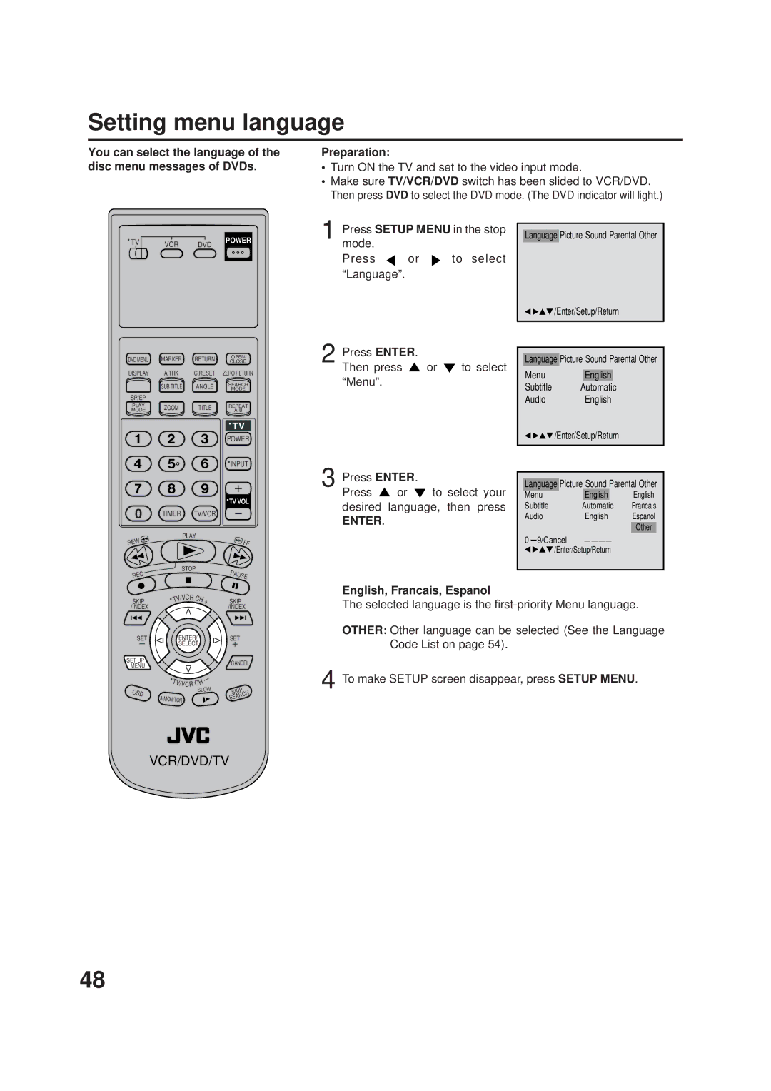 JVC HR-XVC1U manual Setting menu language, English, Francais, Espanol 