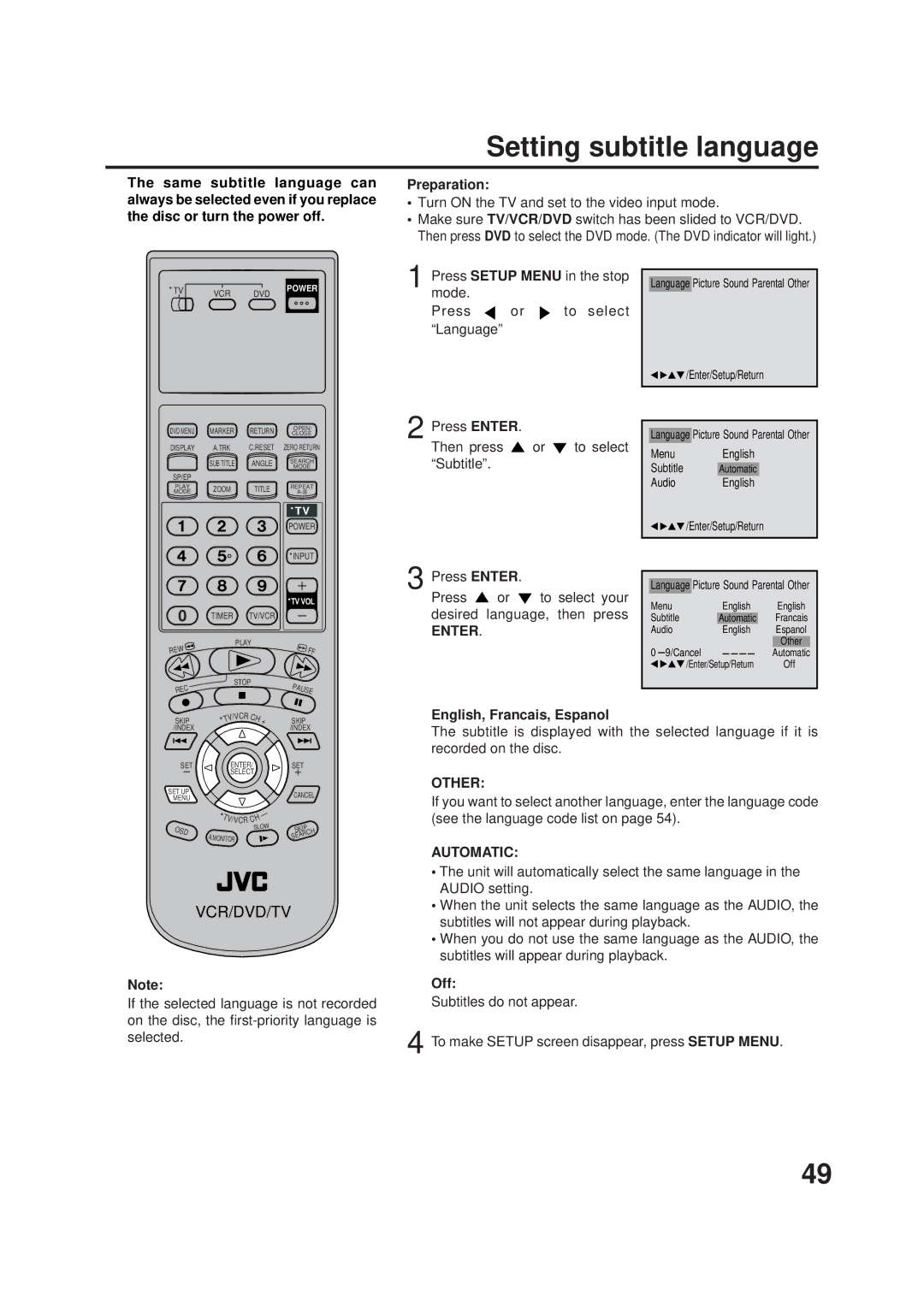 JVC HR-XVC1U manual Setting subtitle language, Mode Press To select Language, Other, Automatic, Off 