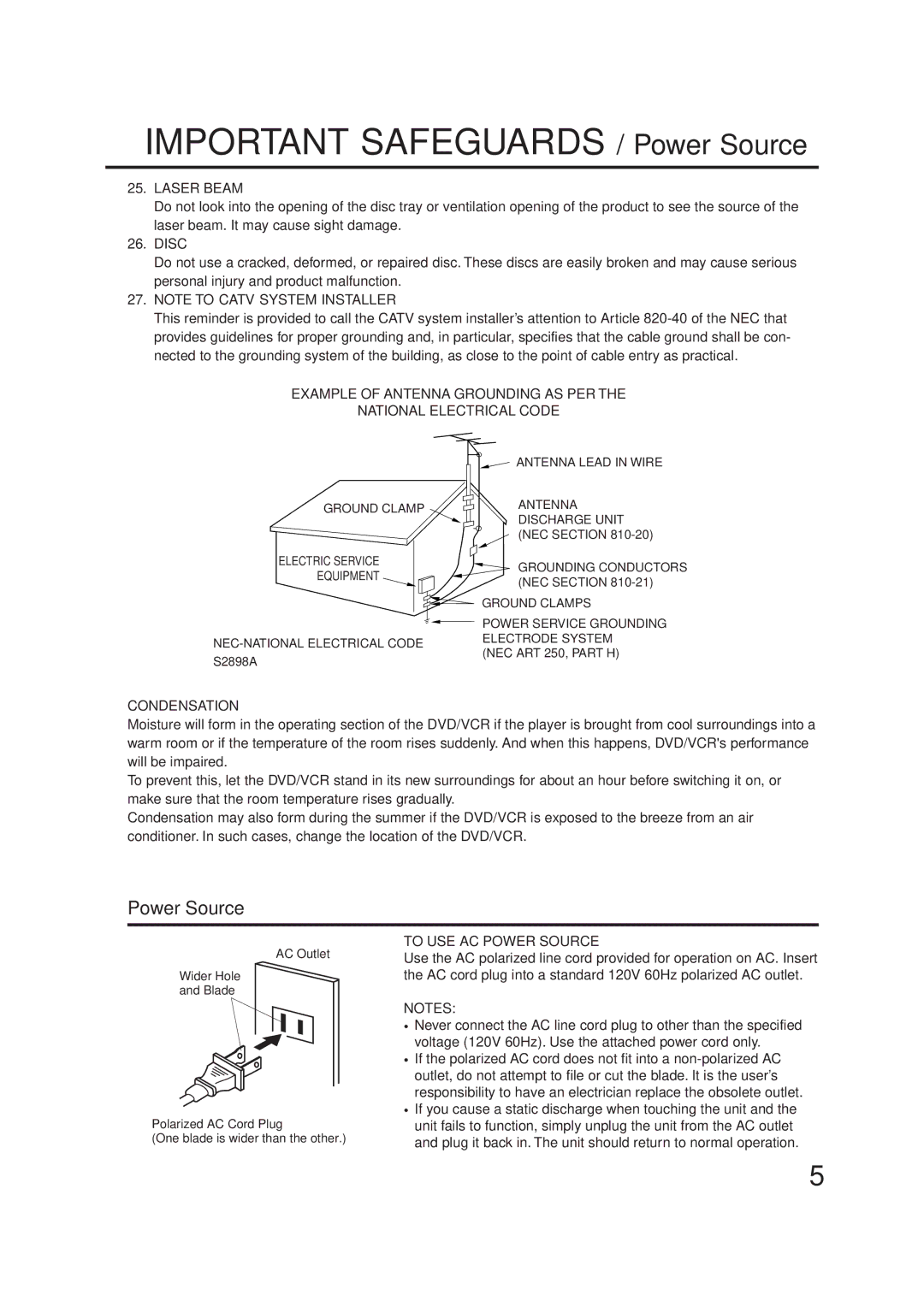 JVC HR-XVC1U manual Laser Beam, Disc, Condensation, To USE AC Power Source 