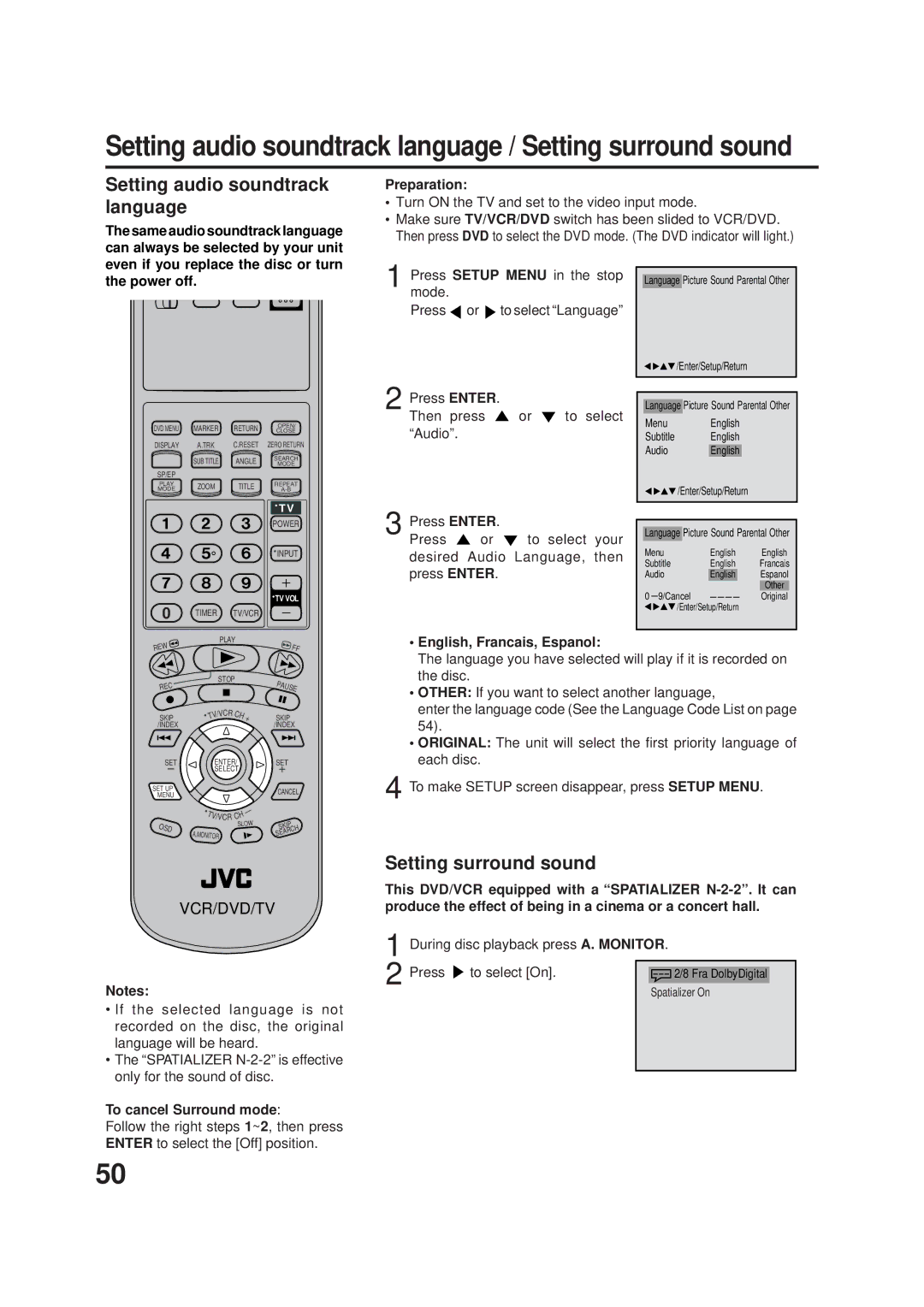 JVC HR-XVC1U manual Setting audio soundtrack language, Setting surround sound, Power off, To cancel Surround mode 