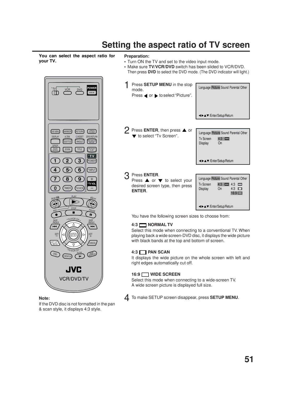 JVC HR-XVC1U Setting the aspect ratio of TV screen, You can select the aspect ratio for your TV Preparation, Normal TV 