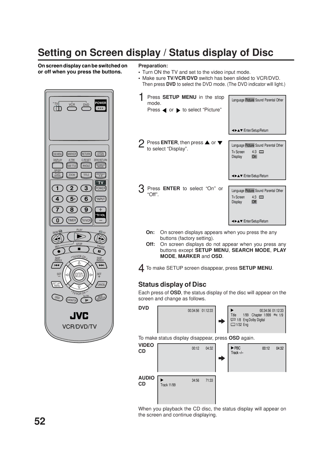 JVC HR-XVC1U manual Setting on Screen display / Status display of Disc, Dvd, Video, Audio 