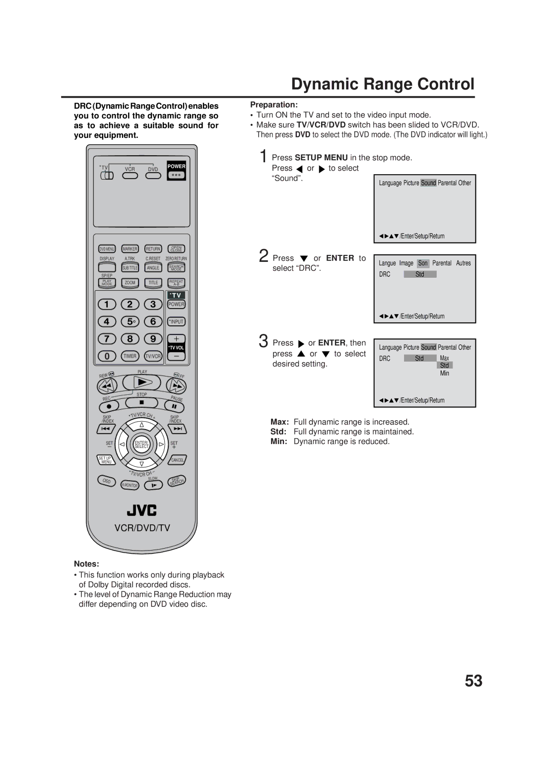 JVC HR-XVC1U manual Dynamic Range Control, Press Setup Menu in the stop mode. Press or to select Sound 