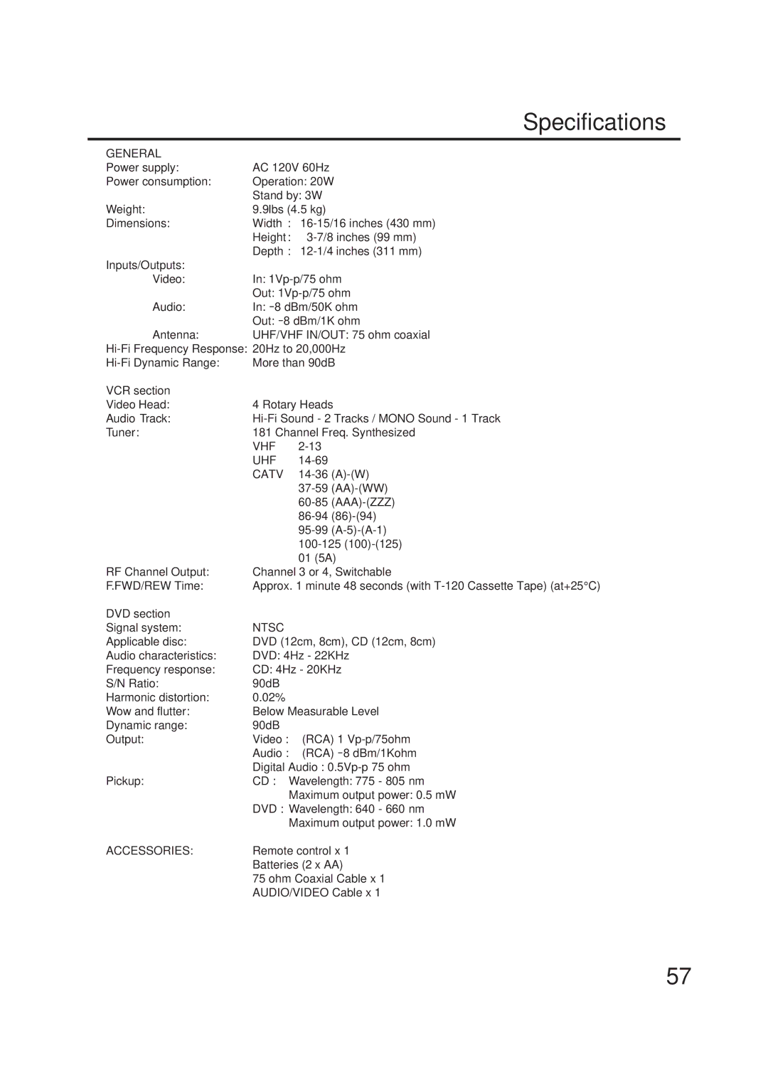 JVC HR-XVC1U manual Specifications, General, VCR section, DVD section 