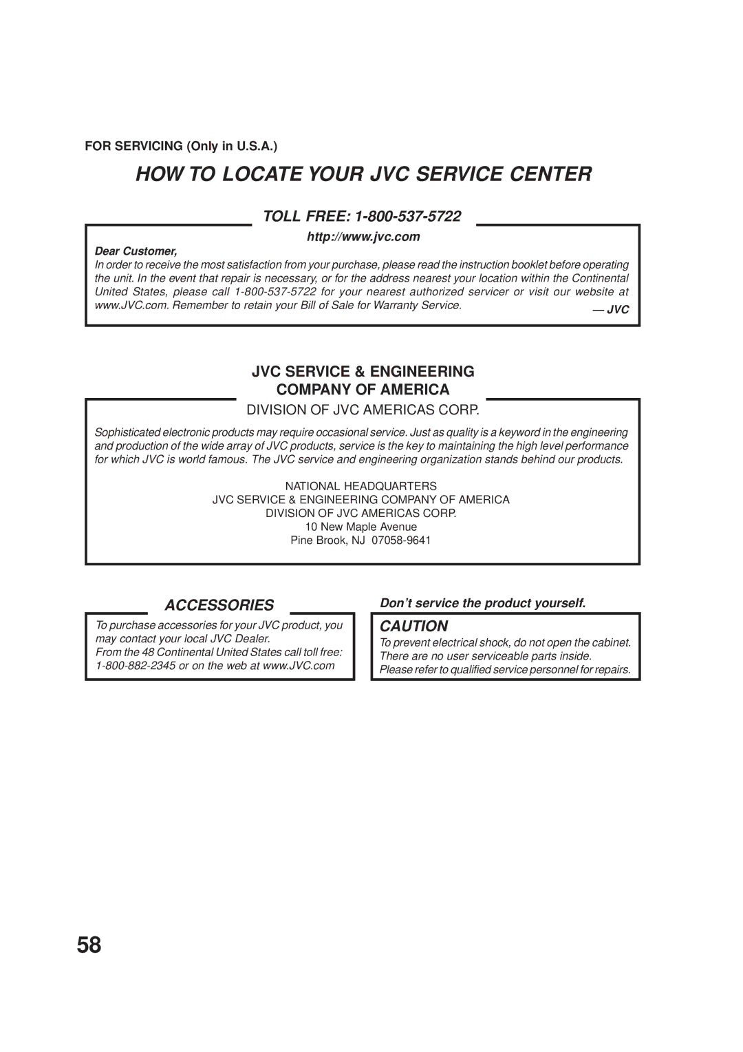 JVC HR-XVC1U manual For Servicing Only in U.S.A, New Maple Avenue Pine Brook, NJ 