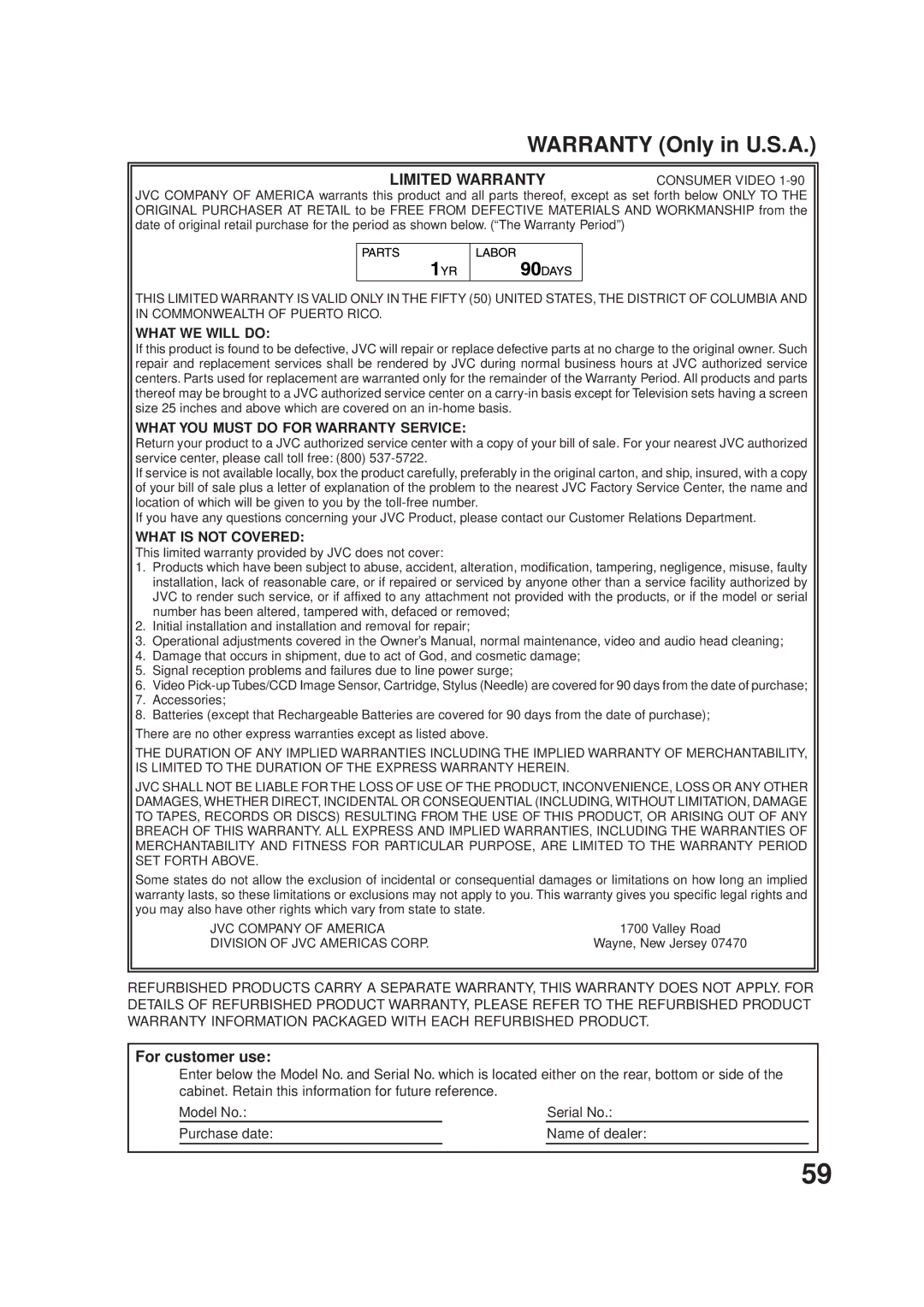 JVC HR-XVC1U manual For customer use, What WE will do, What YOU Must do for Warranty Service, What is not Covered 