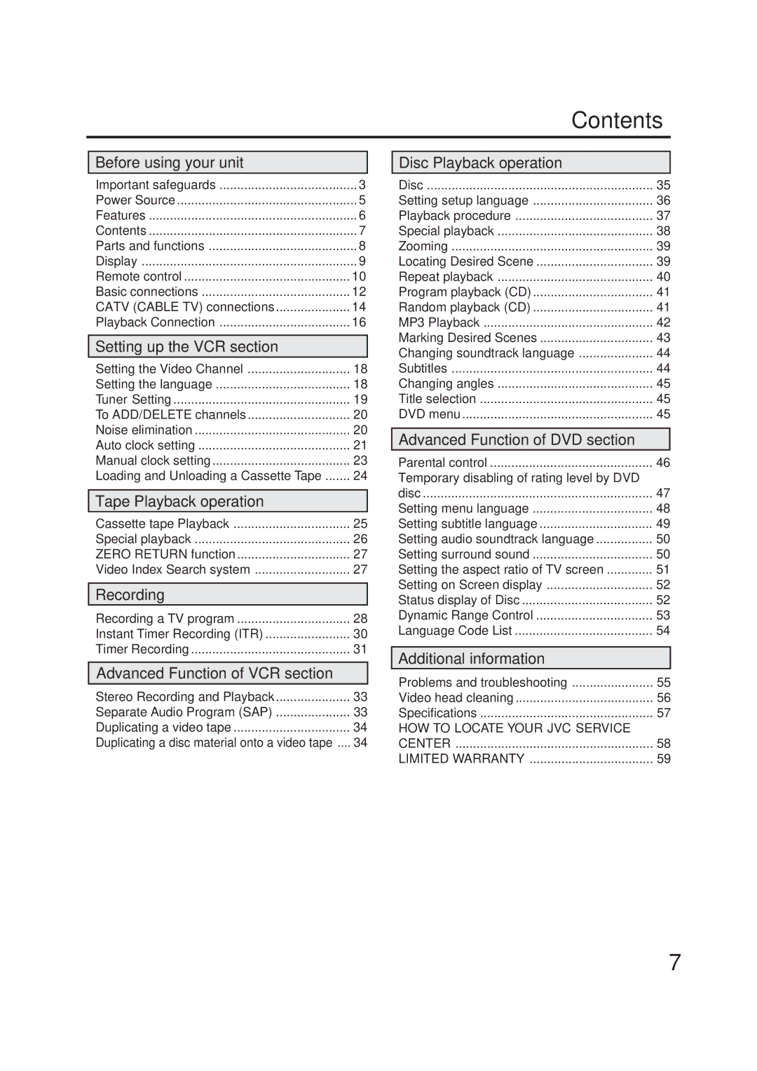 JVC HR-XVC1U manual Contents 