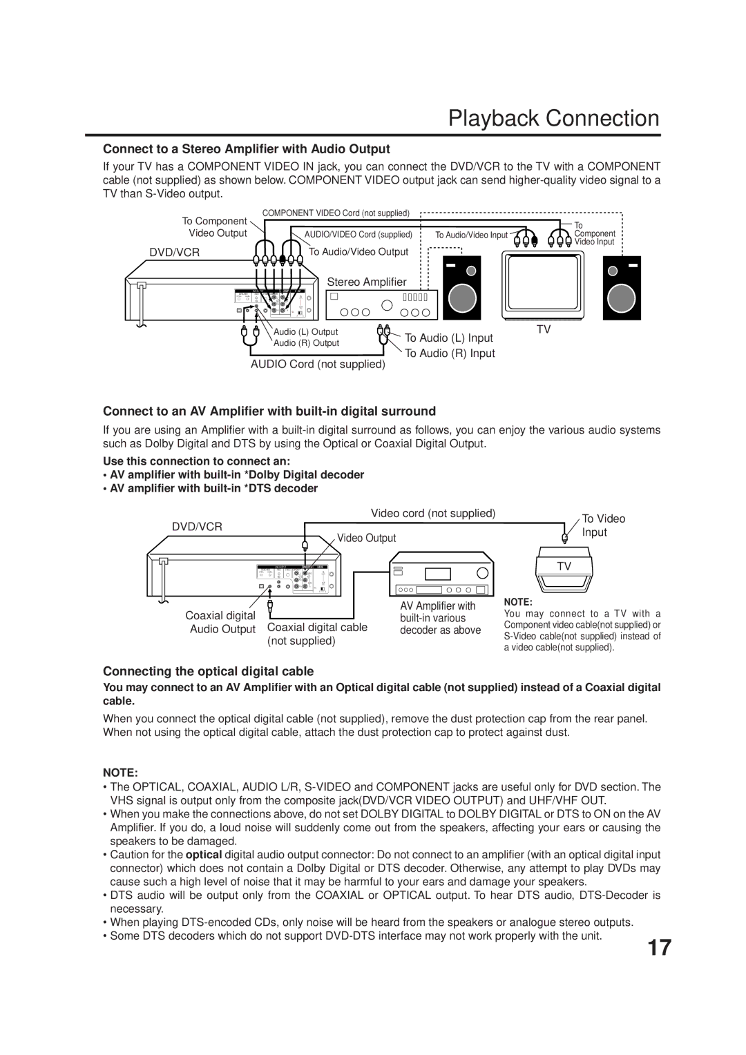 JVC HR-XVC1UJ Playback Connection, Connect to a Stereo Amplifier with Audio Output, Connecting the optical digital cable 