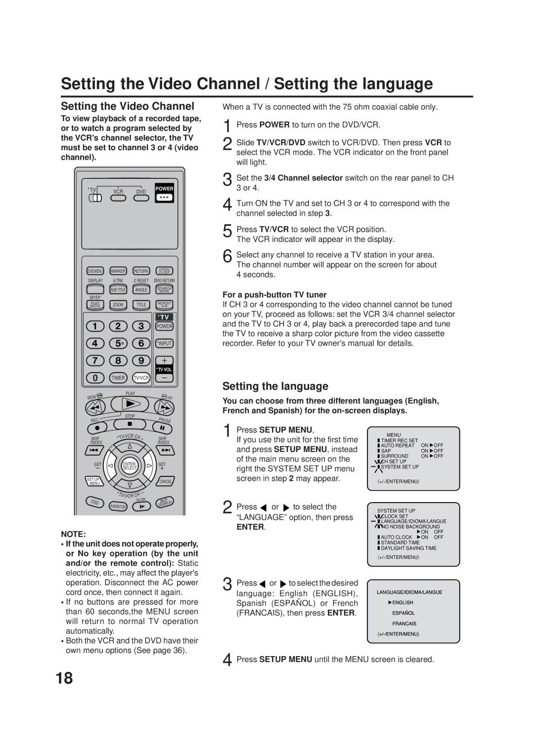 JVC HR-XVC1UJ manual Setting the Video Channel / Setting the language, Enter 