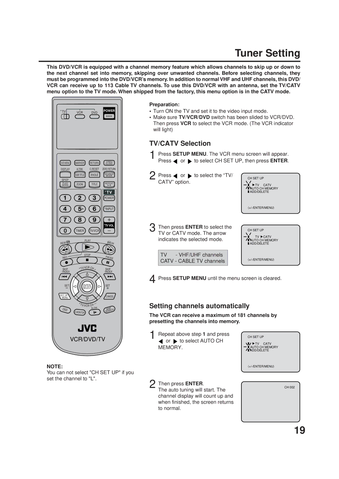 JVC HR-XVC1UJ manual Tuner Setting, TV/CATV Selection, Setting channels automatically, Preparation, Memory 