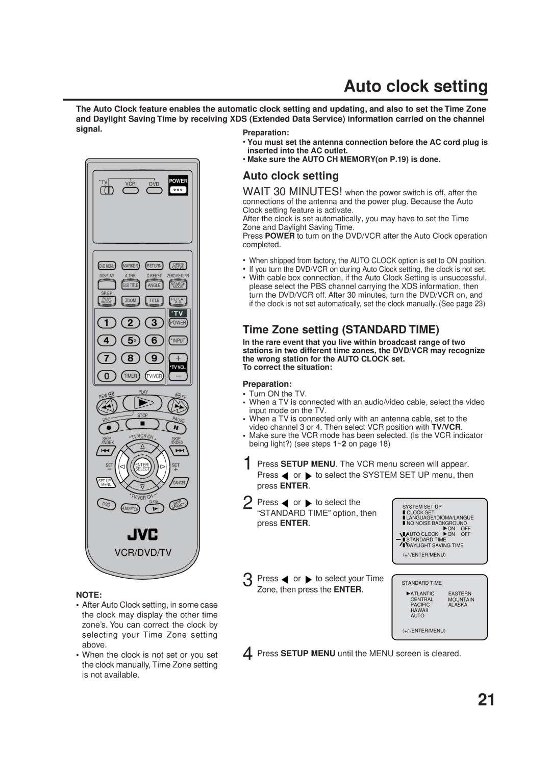 JVC HR-XVC1UJ manual Auto clock setting, Standard Time option, then, Press Enter, Press To select your Time 