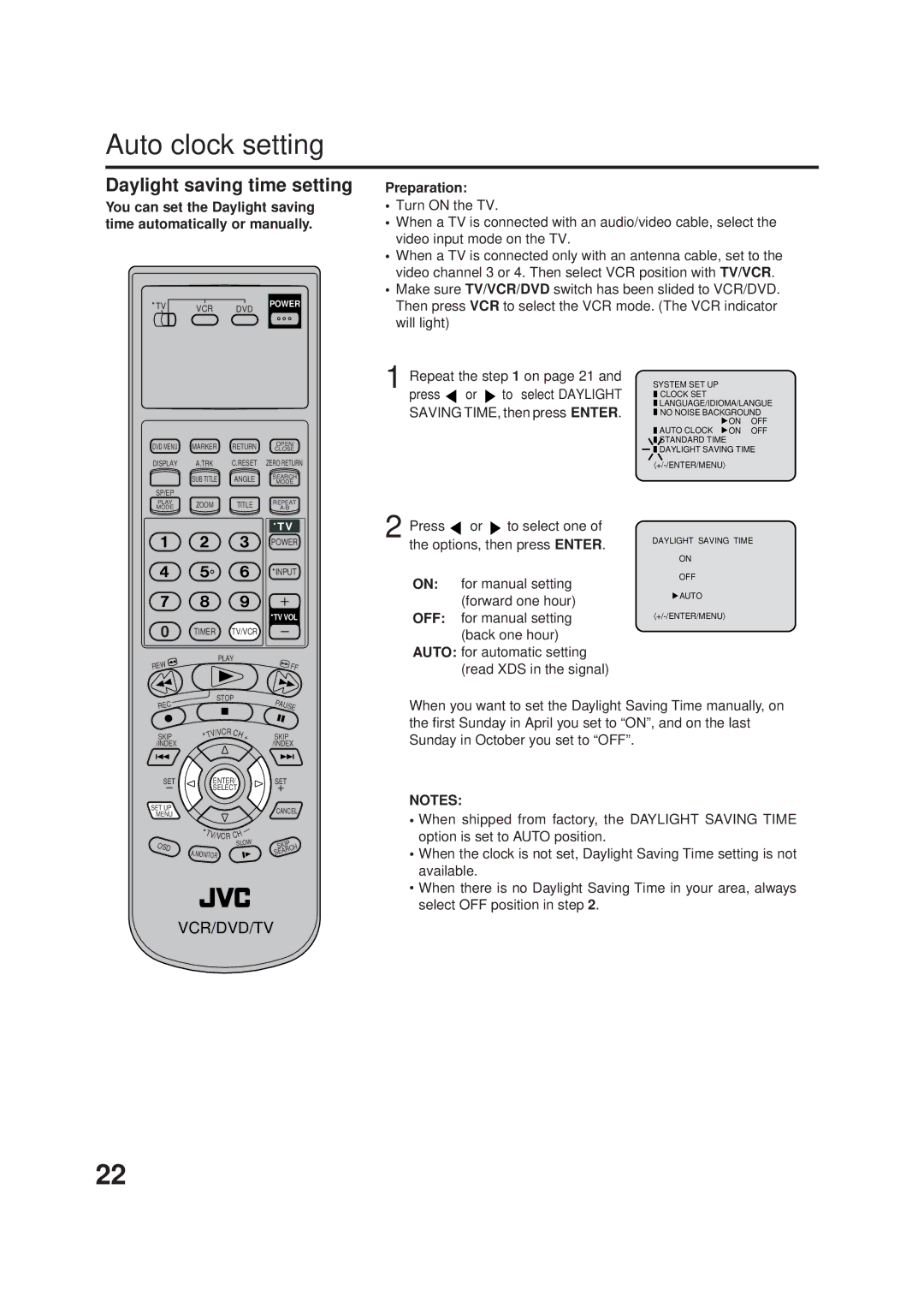 JVC HR-XVC1UJ manual Auto clock setting, Daylight saving time setting 