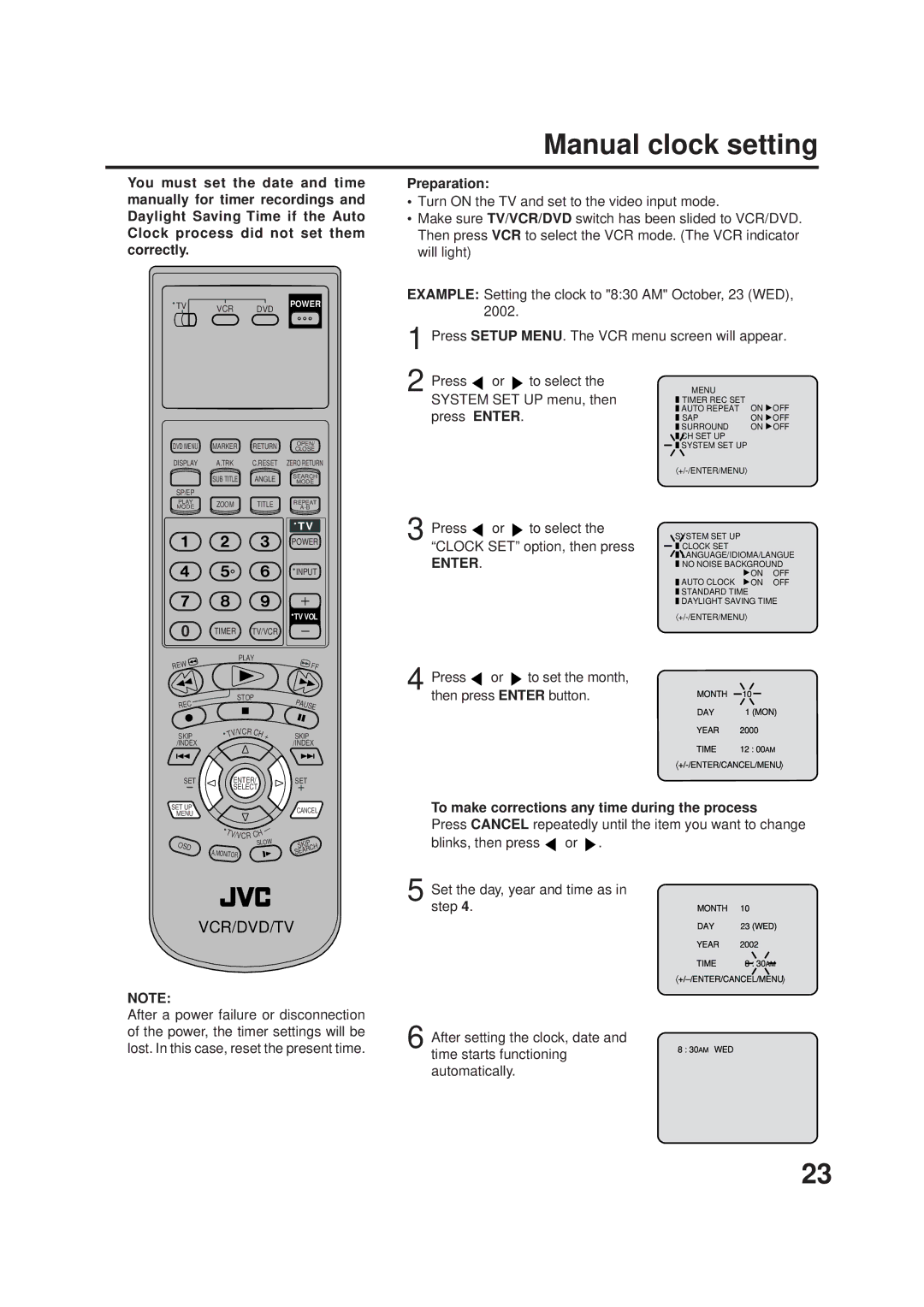 JVC HR-XVC1UJ manual Manual clock setting, To make corrections any time during the process 