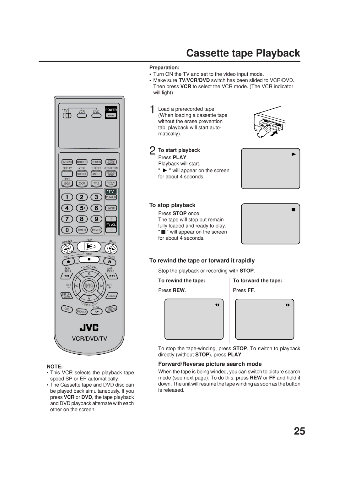 JVC HR-XVC1UJ manual Cassette tape Playback, To stop playback, To rewind the tape or forward it rapidly 