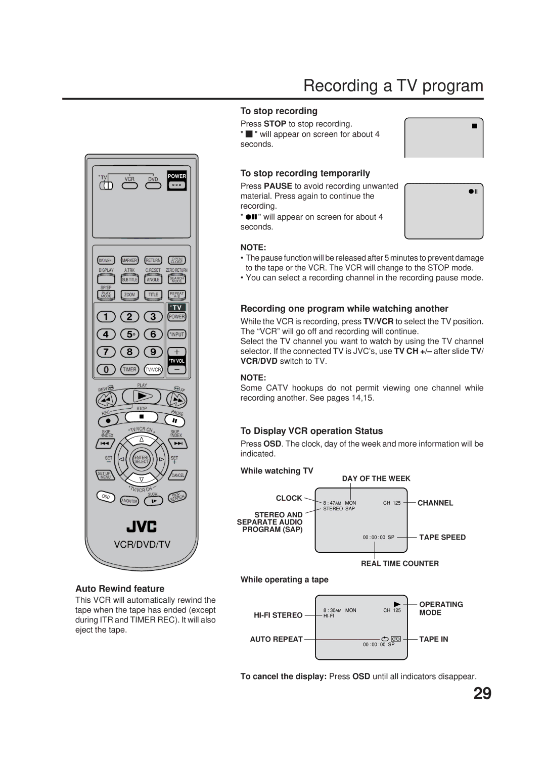 JVC HR-XVC1UJ manual Recording a TV program 