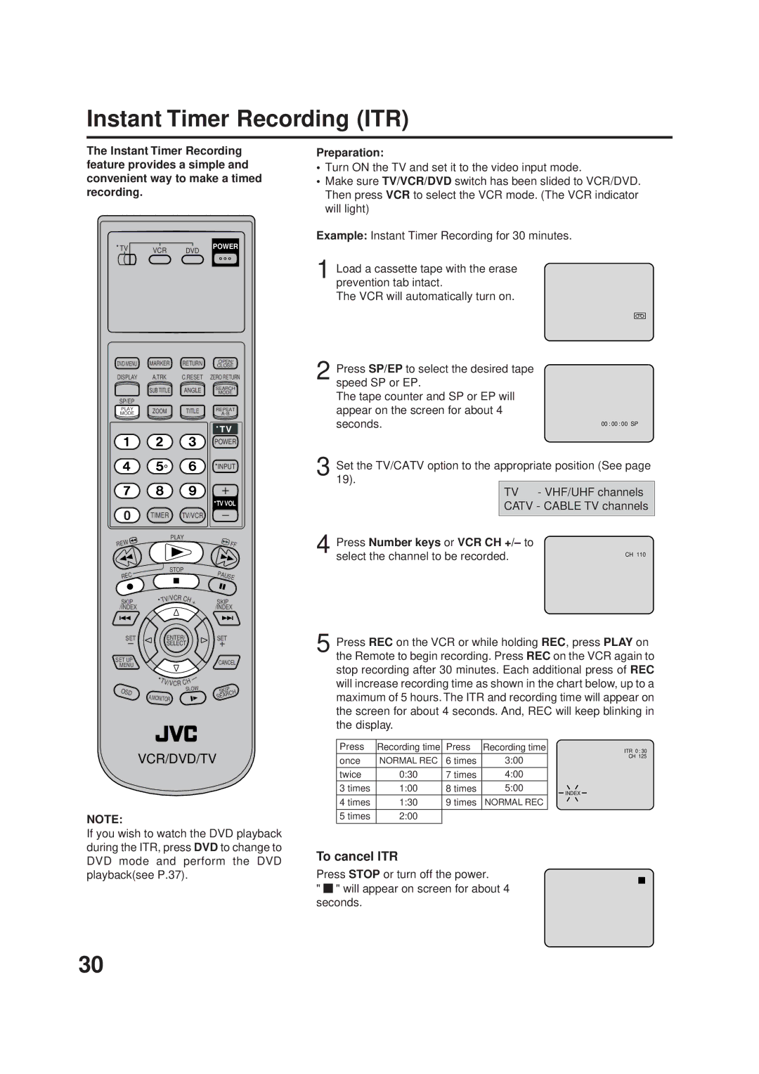 JVC HR-XVC1UJ manual Instant Timer Recording ITR, To cancel ITR, Press Number keys or VCR CH +/-to 