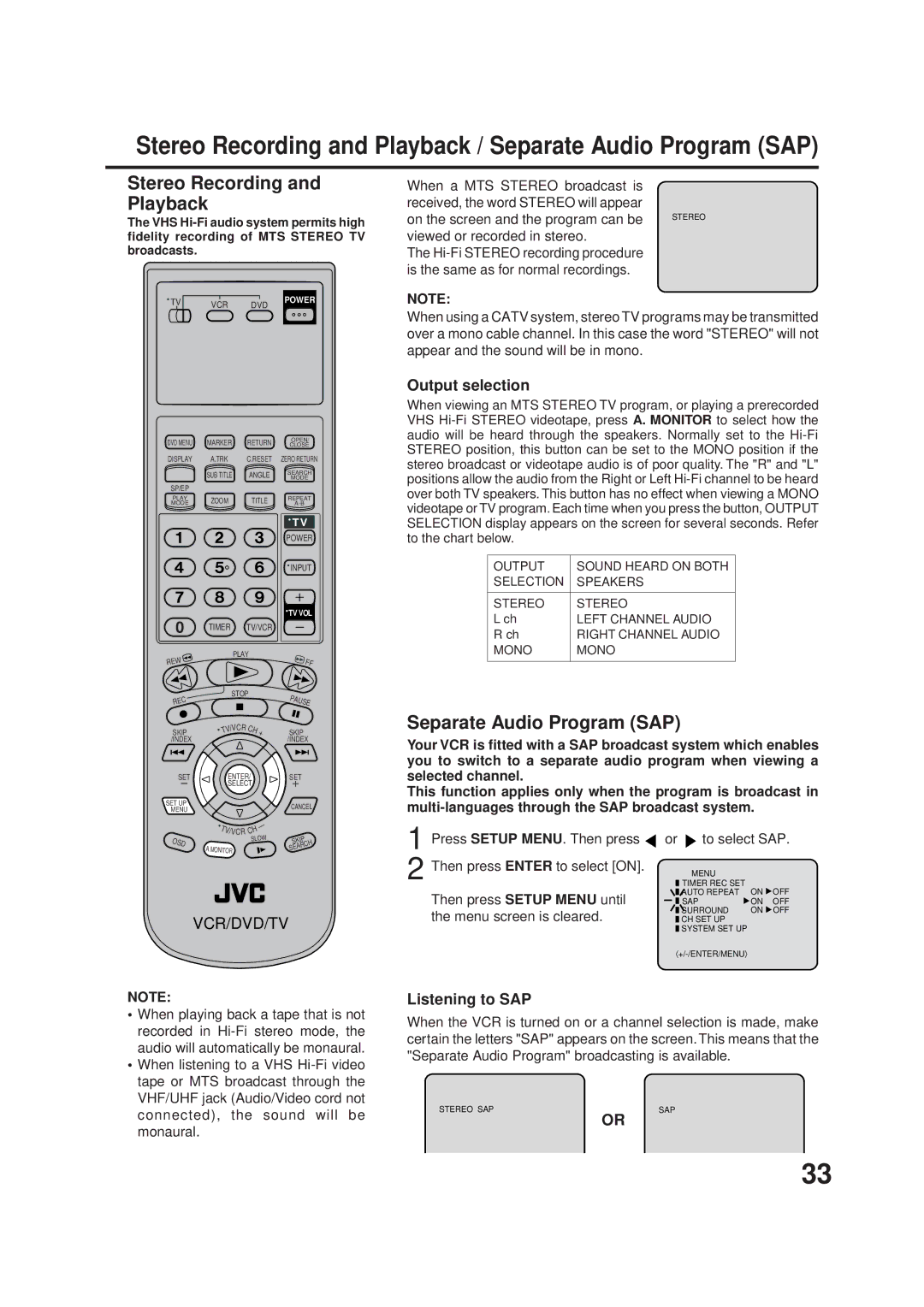 JVC HR-XVC1UJ manual Stereo Recording and Playback, Separate Audio Program SAP, Output selection, Listening to SAP 