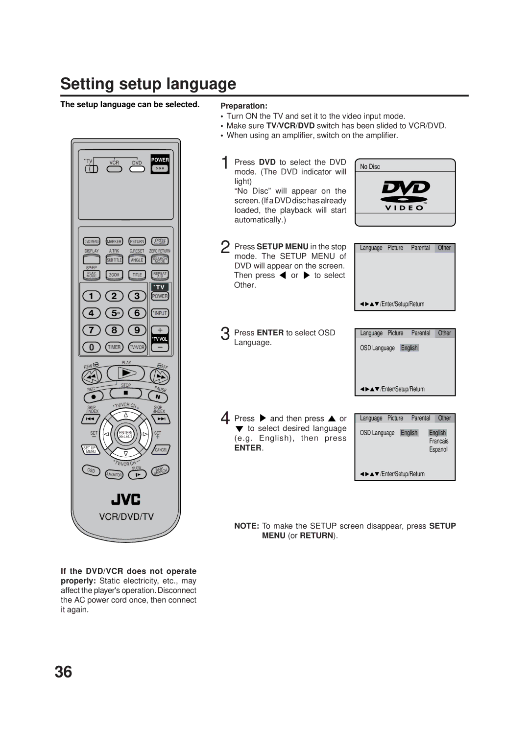 JVC HR-XVC1UJ manual Setting setup language, Setup language can be selected 