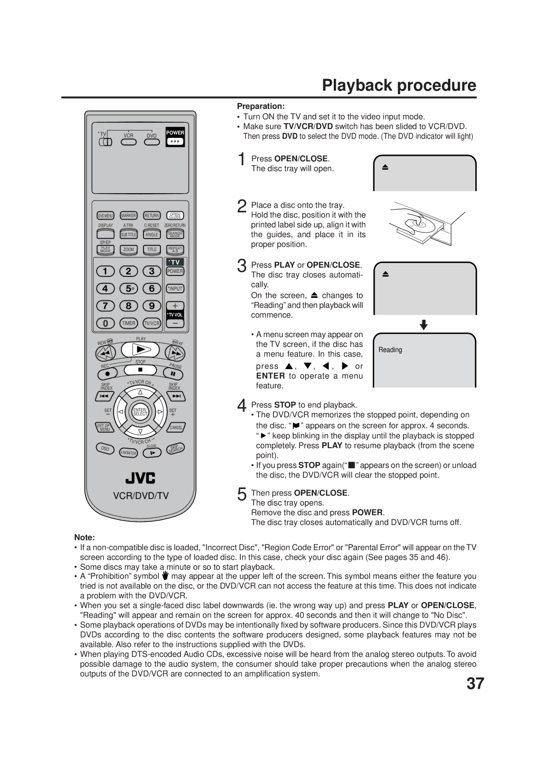 JVC HR-XVC1UJ manual Playback procedure, Press OPEN/CLOSE 