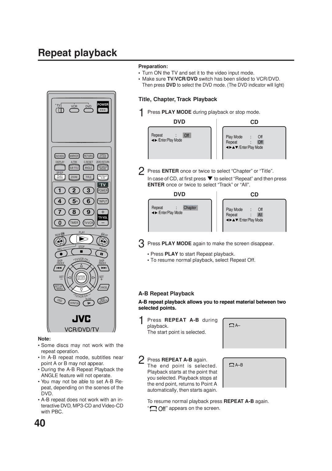 JVC HR-XVC1UJ manual Repeat playback, Title, Chapter, Track Playback, Press Play Mode during playback or stop mode 