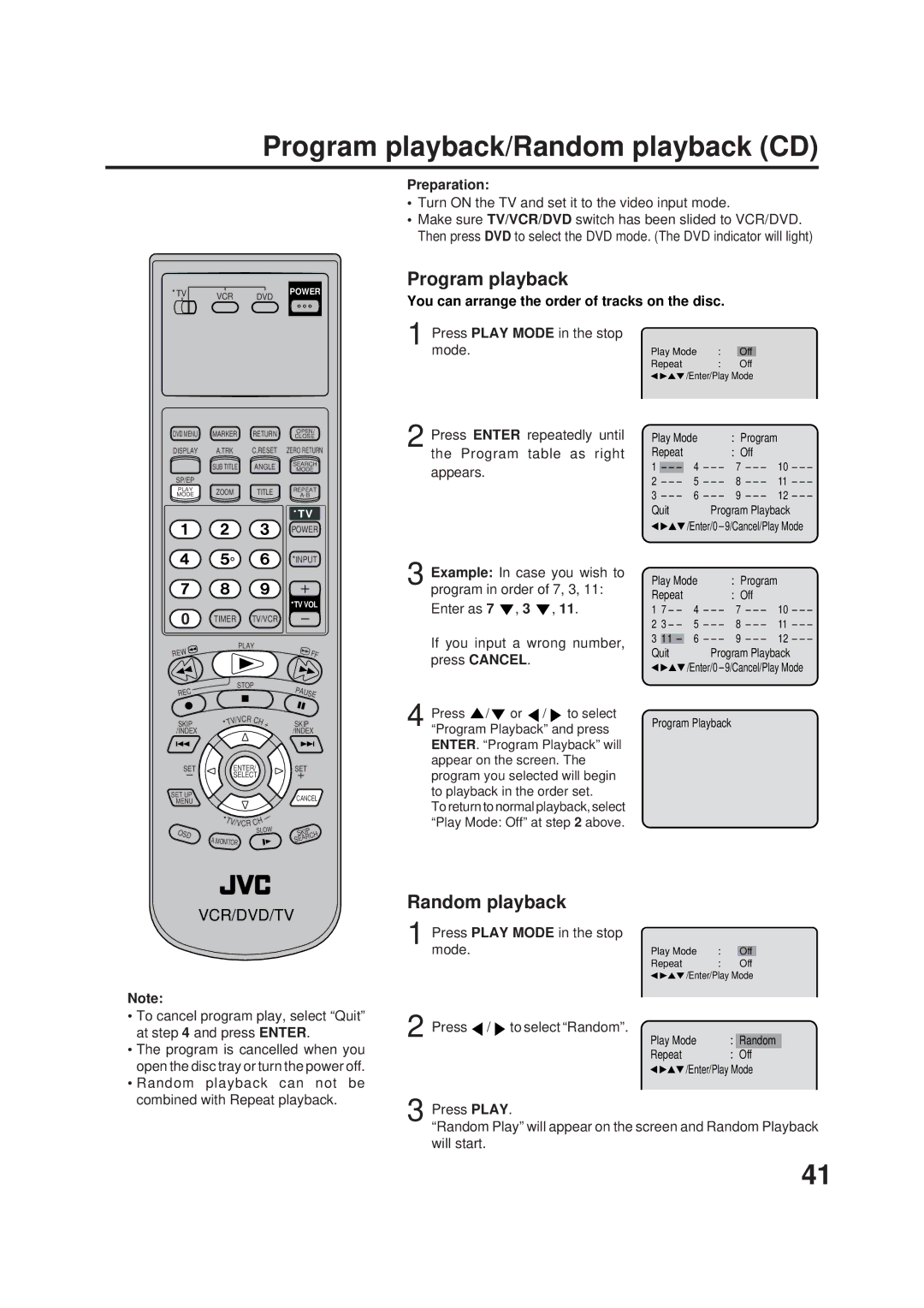 JVC HR-XVC1UJ manual Program playback/Random playback CD, You can arrange the order of tracks on the disc 