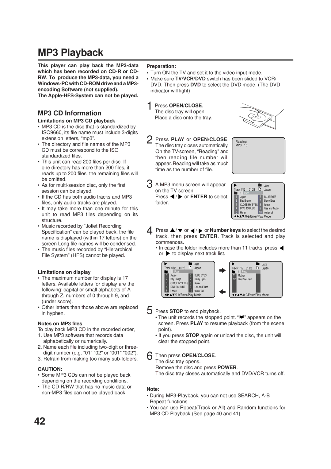 JVC HR-XVC1UJ manual MP3 Playback, MP3 CD Information, Limitations on MP3 CD playback, Limitations on display 