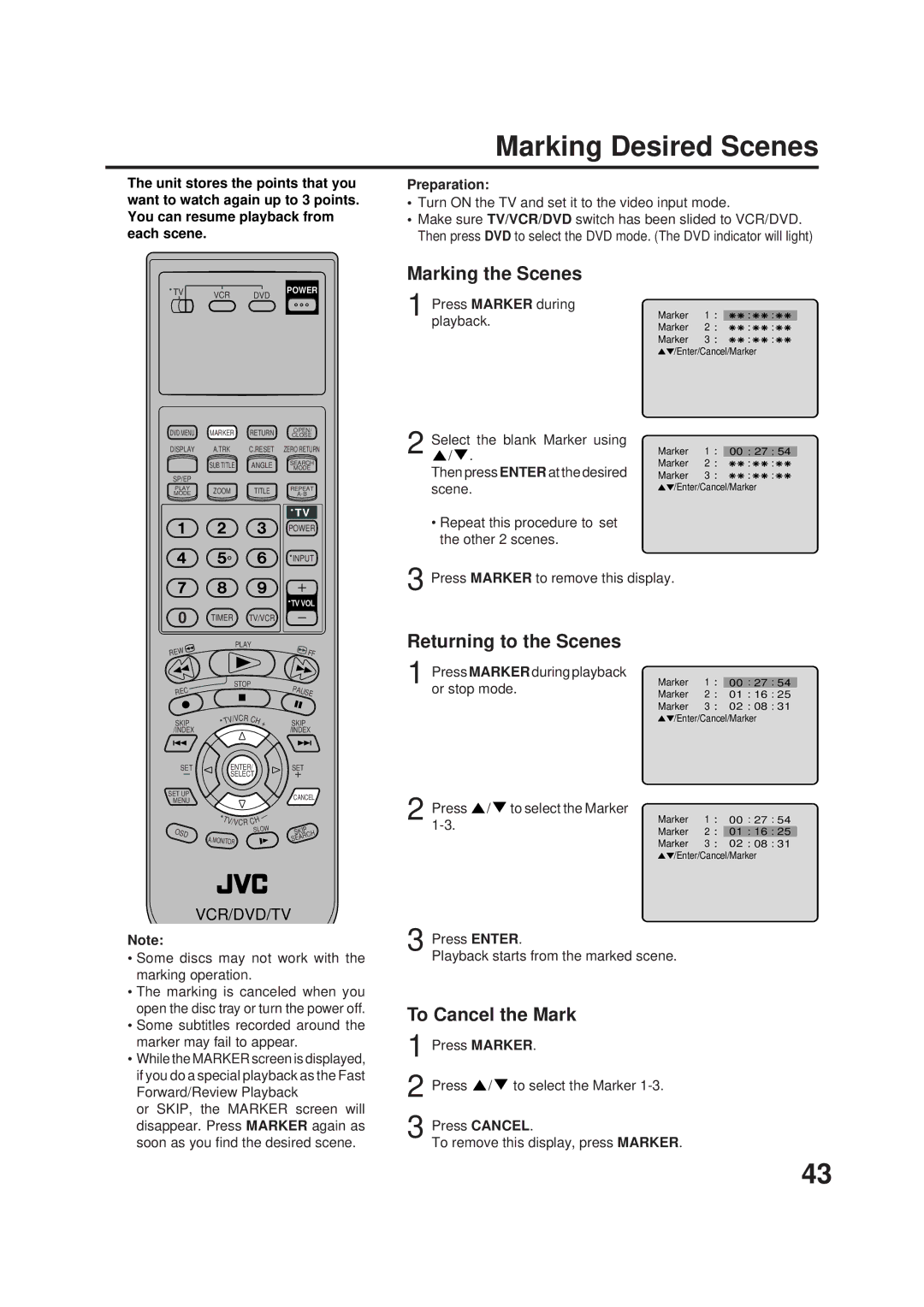 JVC HR-XVC1UJ manual Marking Desired Scenes, Marking the Scenes, Returning to the Scenes, To Cancel the Mark 