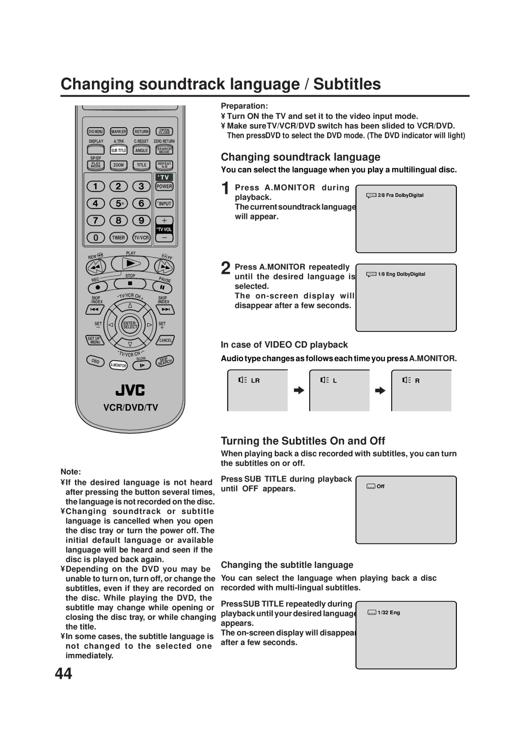 JVC HR-XVC1UJ manual Changing soundtrack language / Subtitles, Turning the Subtitles On and Off, Case of Video CD playback 