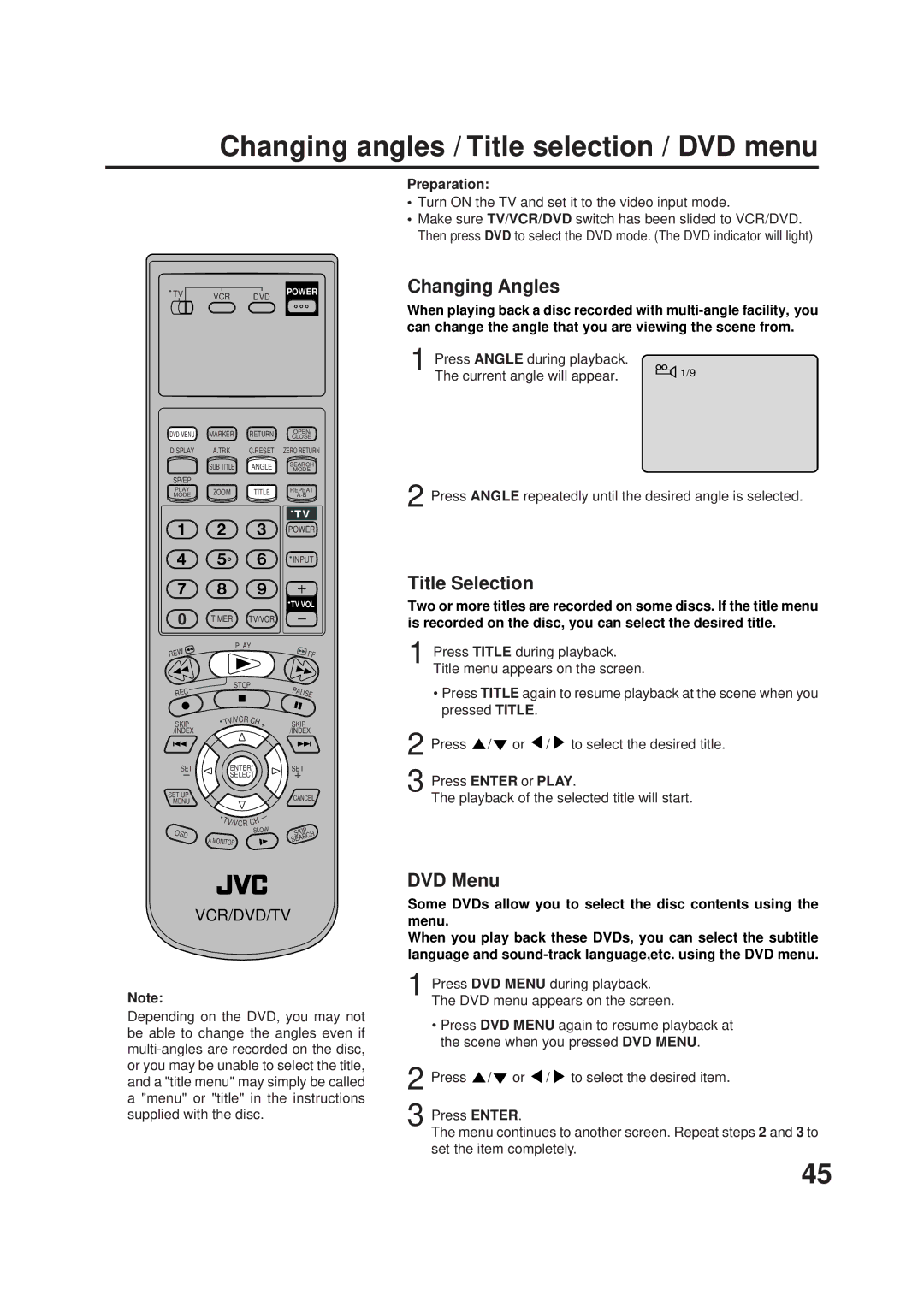 JVC HR-XVC1UJ manual Changing angles / Title selection / DVD menu, Changing Angles, Title Selection, DVD Menu 