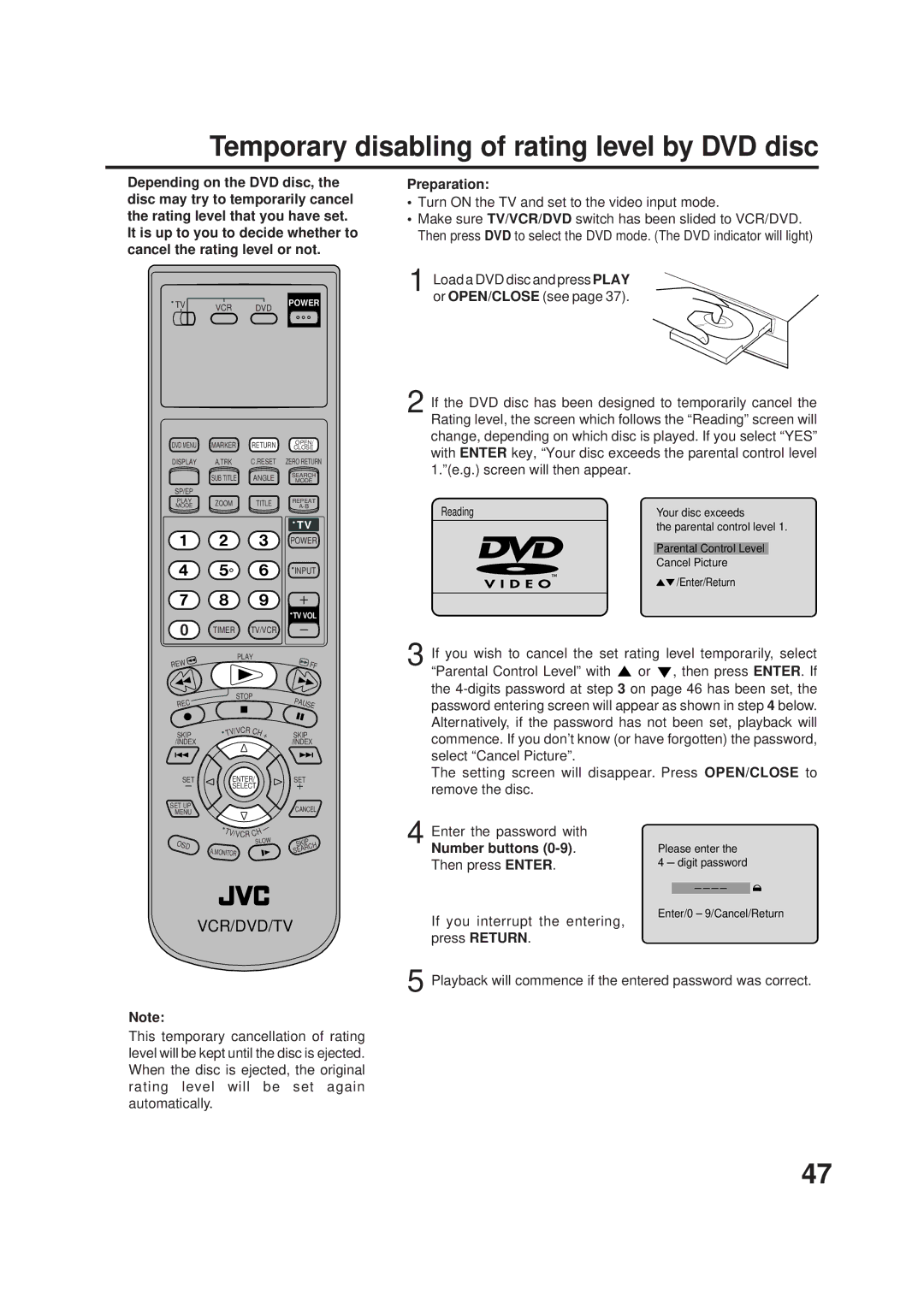 JVC HR-XVC1UJ manual Temporary disabling of rating level by DVD disc 