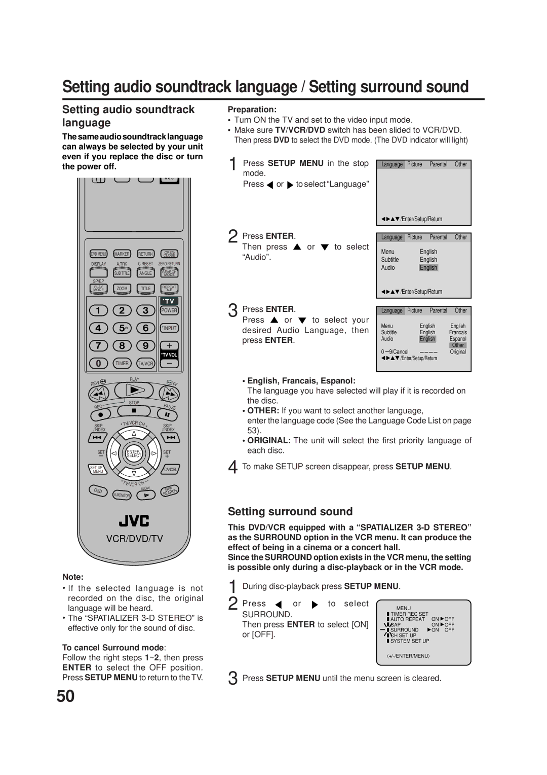 JVC HR-XVC1UJ manual Setting audio soundtrack language, Setting surround sound, Power off, To cancel Surround mode 