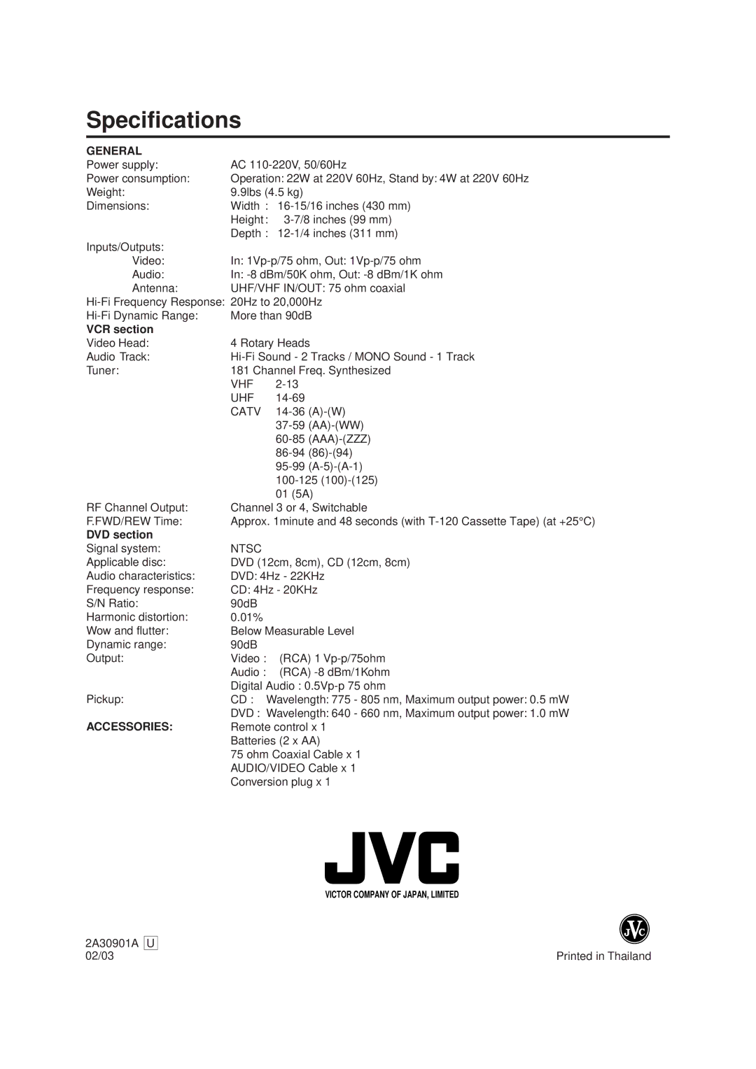 JVC HR-XVC1UJ manual Specifications, General, VCR section, DVD section, Accessories 