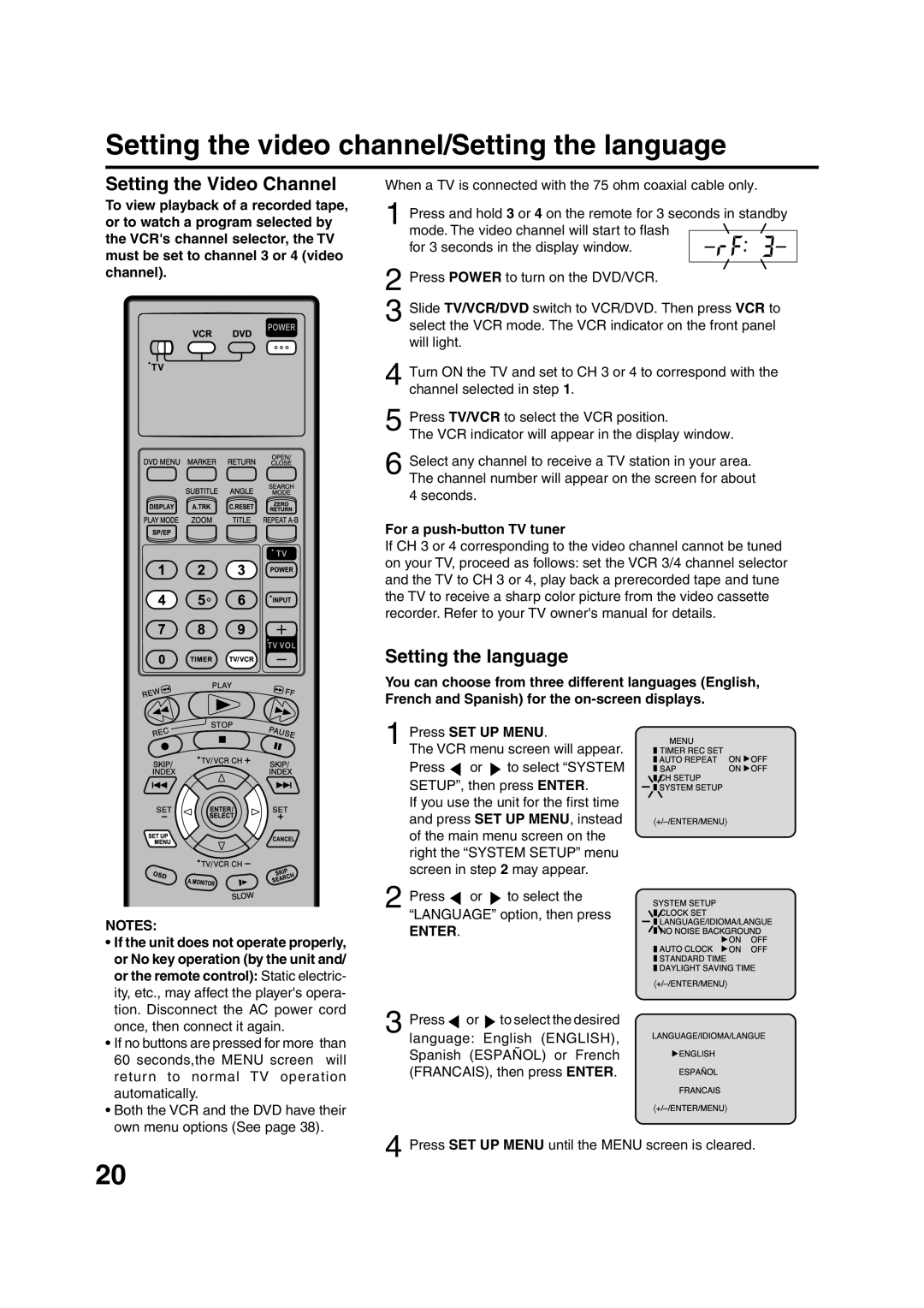 JVC HR-XVC20U manual Setting the video channel/Setting the language, Setting the Video Channel, Enter 