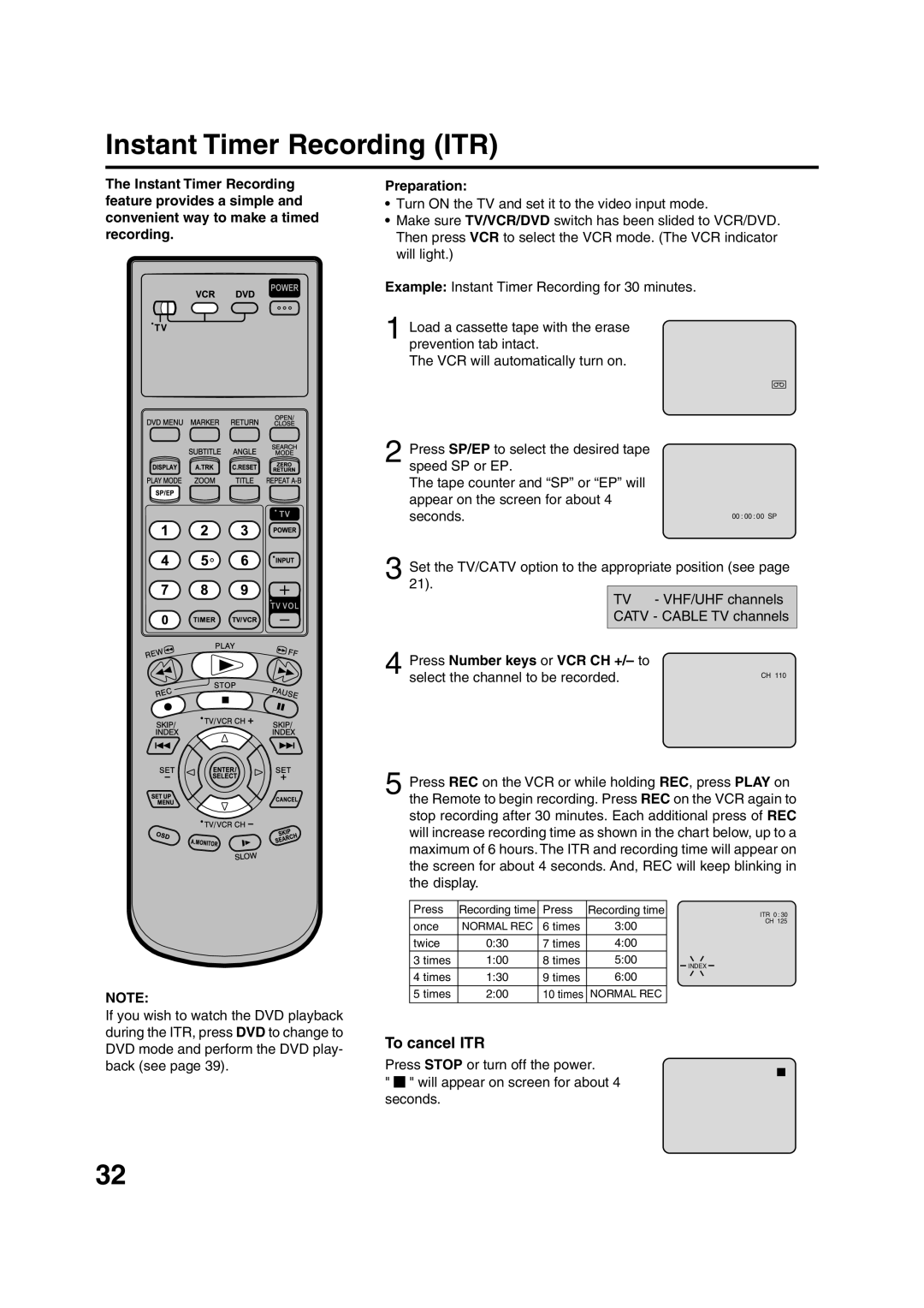 JVC HR-XVC20U manual Instant Timer Recording ITR, To cancel ITR, Press Number keys or VCR CH +/- to 