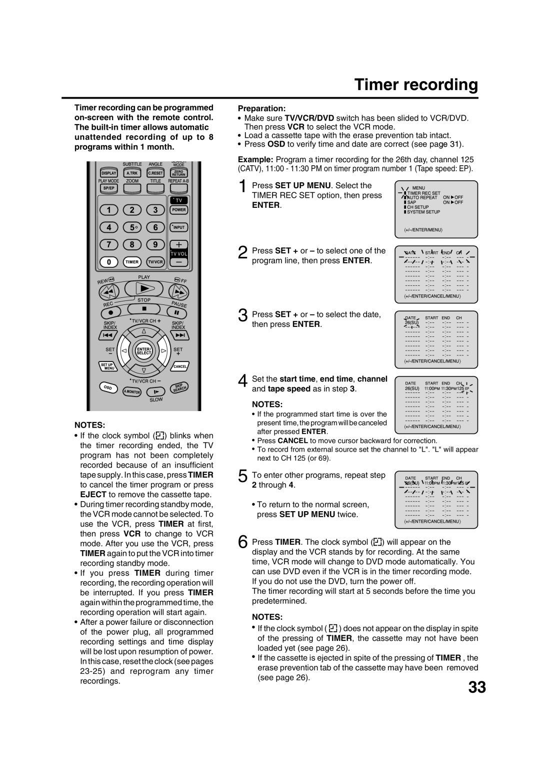 JVC HR-XVC20U manual Timer recording, Set the start time, end time, channel 